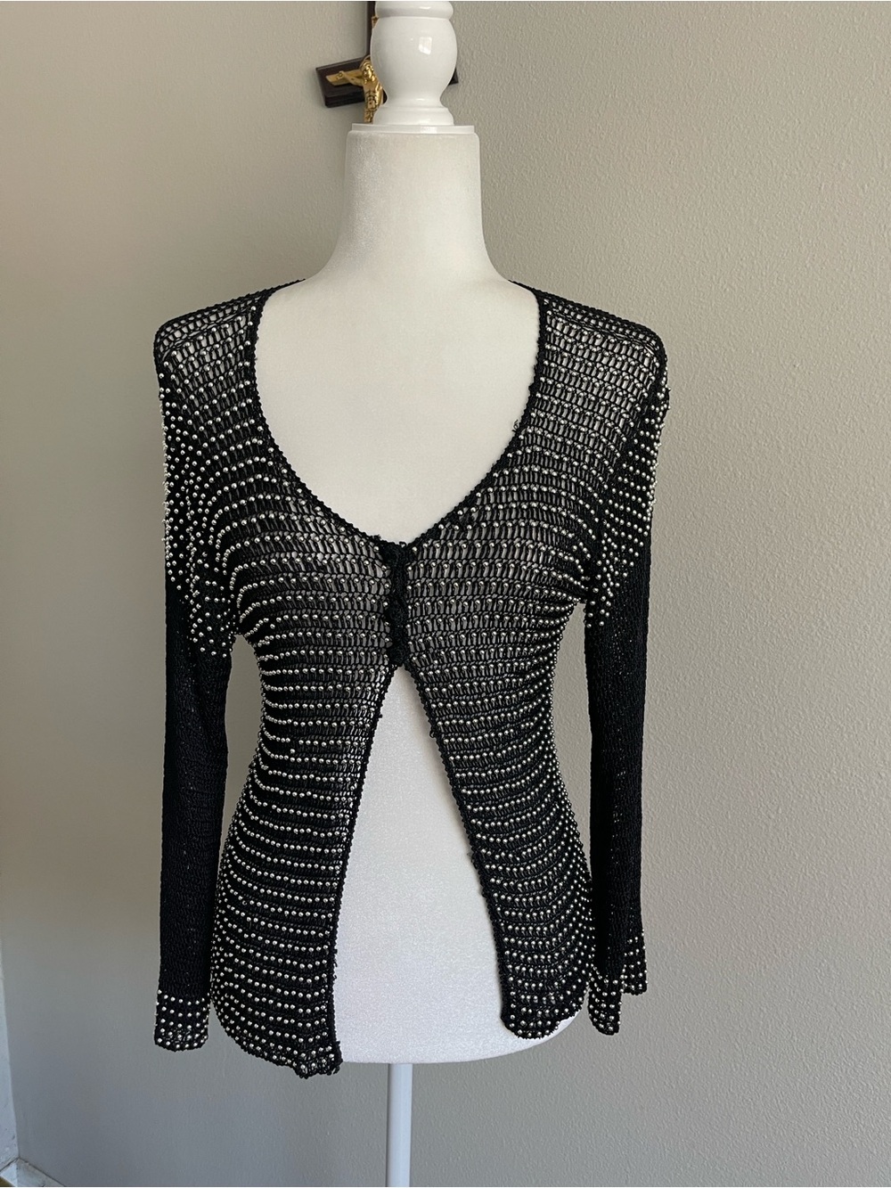 Black Open-Knit Long Sleeve Cardigan with Silver Stud Detail